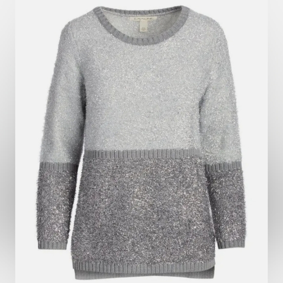 emaline Sweaters - Emaline Women's Grey Silver Long Sleeve Shimmery Pullover Sweater size M
